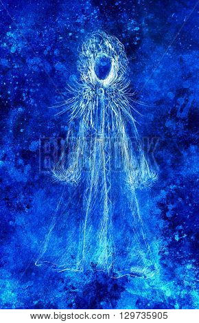 pencil drawing on paper, woman in fur coat and feathers. Blue vinter effect