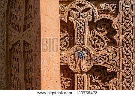 khachkar pattern on volcanic tuff texture traditional Armenian cross