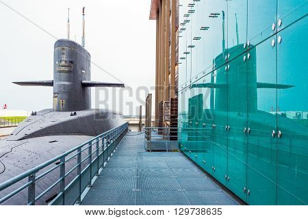 Cherbourg France - May 21 2012: Normandy La Cite De La Mer the nuclear submarine 'Le Redoutable'
