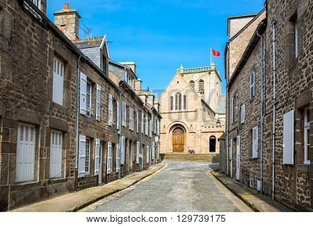 France Normandy Barfleur the old houses and the church of the old village.