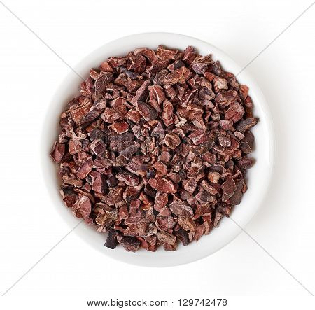 Bowl Of Cacao Nibs Isolated On White, From Above