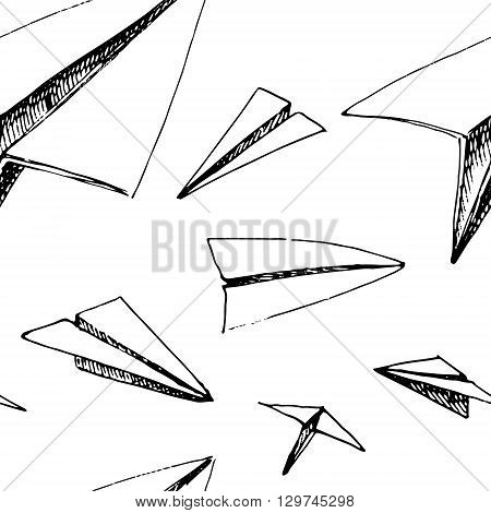 Paper planes pattern. Black and white vector stock illustration. Seamless background pattern