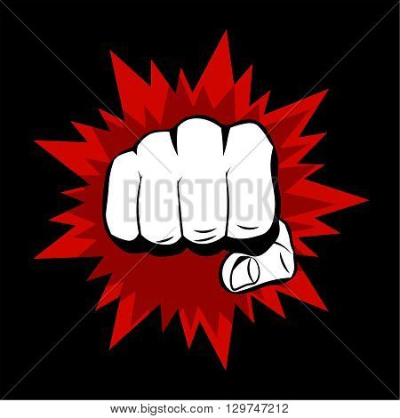 Realistic hand with clenched fist and red splashes on a black background. Flat design