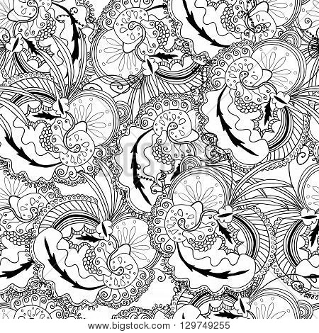 Uncolored seamless hand drawn pattern. Coloring book page for adults. Doodles with vintage flowers pattern. Zendala. Zentagle.