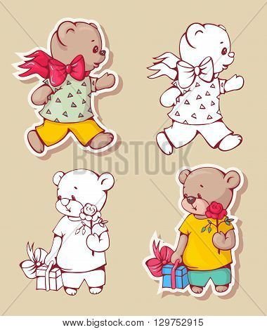 Vector set of funny cartoon bears isolated from a background. Monochrome and color version. Hand-drawn illustration.