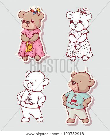 Vector set of funny cartoon bears isolated from a background. Monochrome and color version. Hand-drawn illustration.