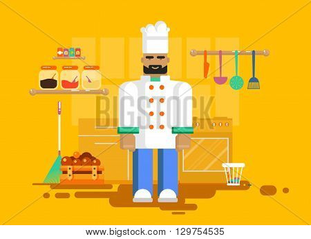 Stock vector illustration of character chef in uniform chef in kitchen, utensils, furniture. Chief-cooker kitchen of restaurant, cafe, flat style element for info graphic, website, game, motion design