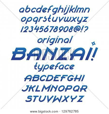 Banzai typeface. Custom italic letters. Blue gradient color font, numbers and symbols. Flat calligraphic feather style. Vector sans-serif alphabet