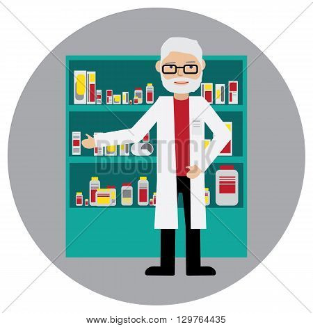 Male pharmacist in a pharmacy opposite the shelves with medicines. Health care. Flat Vector illustration.