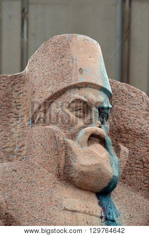 KIEV,UKRAINE - MAY 15, 2016: Ukrainian vandalism.Broken nose on Monument to Reunion of Ukraine and Russia in Kiev, Ukraine (ukrainian nazionalists have tradition to vandalise monuments). Kiev. Ukraine