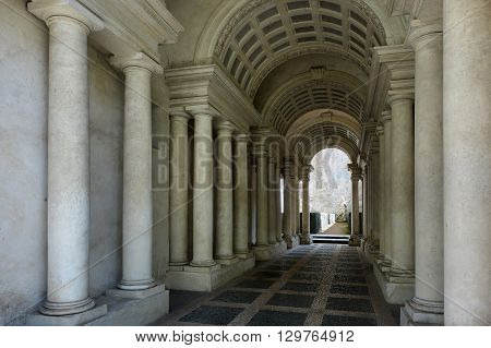 ROME ITALY - MAY 1 2016: Palazzo Spada the forced perspective gallery by Francesco Borromini. The baroque corridor is only nine metres long but looks much longer