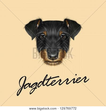 Vector Illustrated Portrait of Jagdterrier dog. Cute black face of domestic dog on beige background.