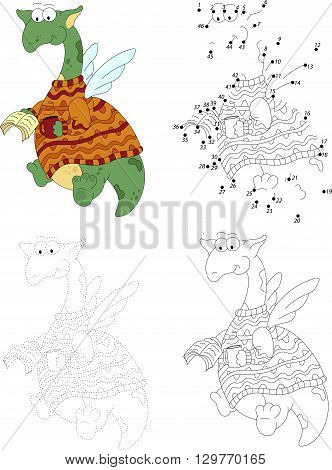 Cartoon Dragon Reads A Book. Dot To Dot Game For Kids