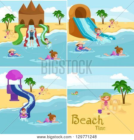 Children summer vacation. Kids Playing sand around water on beach. Cute little girl in a bathing suit and Funny boy Swiming in the sea.