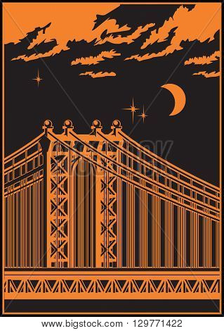 stylized vector illustration of a large cable-stayed bridge at night