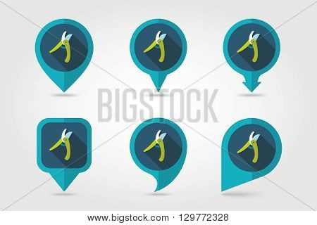 Secateurs pruner averruncator flat vector pin map icon. Map pointer. Map markers. Garden eps 10