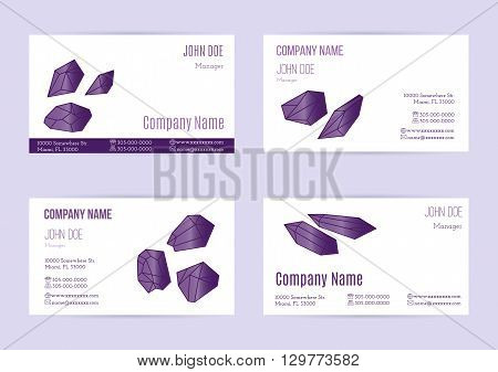 Collection of business card templates with geometric polygonal crystals minerals. Flat style design elements isolated on white background. Hipster ametist gem logotypes. Polygonal icons. Vector.