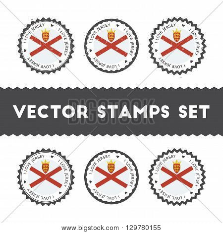I Love Jersey Vector Stamps Set. Retro Patriotic Country Flag Badges. National Flags Vintage Round S