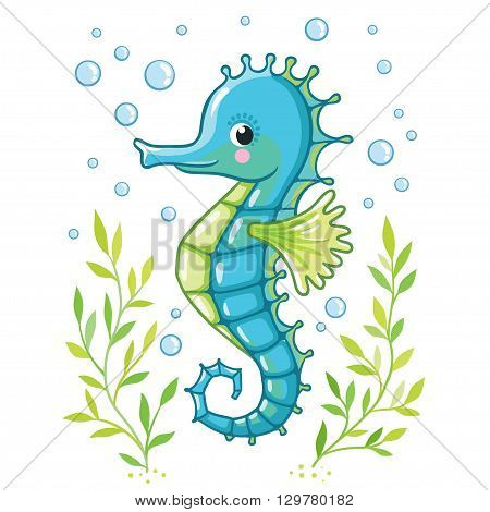 Cute cartoon Sea horse isolated. Seahorse and algae on a white background vector illustration.