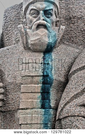 KIEV,UKRAINE - MAY 15, 2016: Ukrainian vandalism.Broken nose on Monument to Reunion of Ukraine and Russia in Kiev, Ukraine (ukrainian nazionalists have tradition to vandalise monuments). Kiev. Ukraine