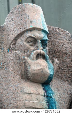 KIEV,UKRAINE - MAY 15, 2016: Ukrainian vandalism.Broken nose on Monument to Reunion of Ukraine and Russia in Kiev, Ukraine (ukrainian nazionalists have tradition to vandalise monuments). Kiev. Ukraine