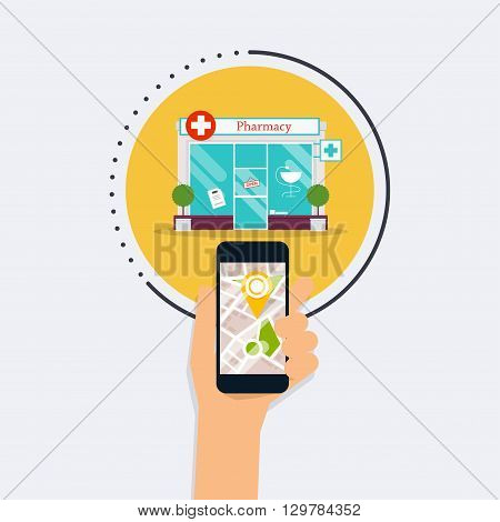 Hand Holding Mobile Smart Phone With Mobile Application Search Pharmacy. Find Closest On City Map. F