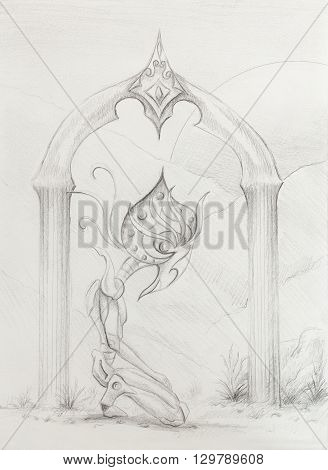 space creature kneeling at sacred gate with crystal, original drawing on paper. transience and time concept