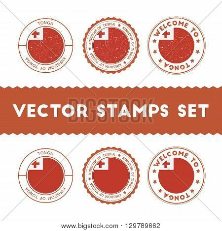 Tongan Flag Rubber Stamps Set. National Flags Grunge Stamps. Country Round Badges Collection.