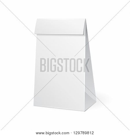 Paper Bag Package Of Coffee, Salt, Sugar, Pepper, Spices Or Flour, Filled, Folded, Close, White. Snack Product Packing Vector EPS10. Mock Up Template Ready For Your Design.