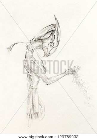 Egyptian Horus hold sand, drawing on paper. transience and time concept