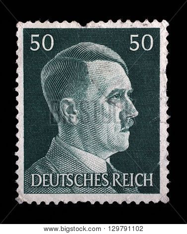 ZAGREB, CROATIA - JUNE 25: A stamp printed in Germany shows image of Adolf Hitler, series, 1941, on June 25, 2014, Zagreb, Croatia
