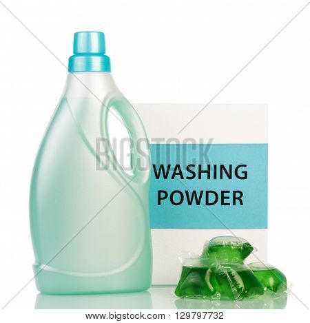 Detergents and bleach isolated on white background.