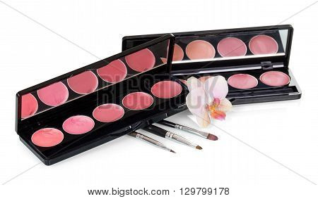 Palette, brushes for makeup isolated on white background.