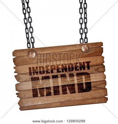 independent mind, 3D rendering, wooden board on a grunge chain
