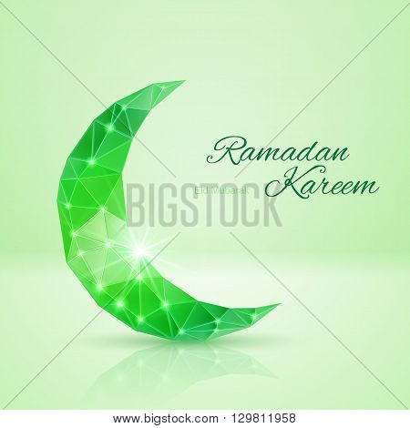 Ornate crescent Moon with bright flare and radiance in green shades. Greeting card of holy Muslim month Ramadan