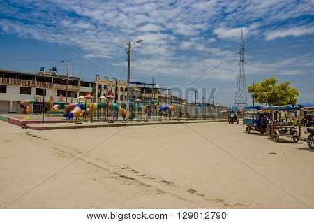 Muisne, Ecuador - March 16, 2016: Downtown Muisne city, small charming town located in the northern Ecuadorian coastline.