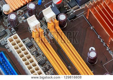 Socket electronics components on PC computer mainboard and have concept about technology.