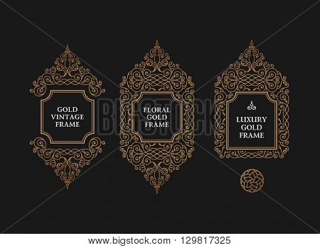 Arabic vector set of frames and lines of art design template. Muslim gold outline elements and emblems. Eastern floral frame. Logos line pattern for menu, postcard, restaurant, wedding invitation