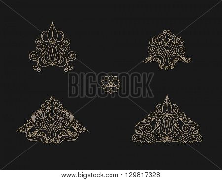 Arabic vector set of frames and lines of art design template. Muslim gold outline elements and emblems. Eastern floral frame. Logos line pattern for menu, postcard, restaurant, wedding invitation
