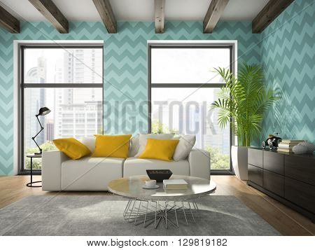 Interior of modern design room with blue wallpaper 3D rendering 