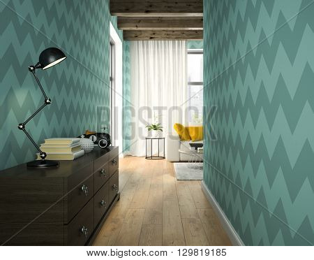 Interior of hallway with blue wallpaper 3D rendering 