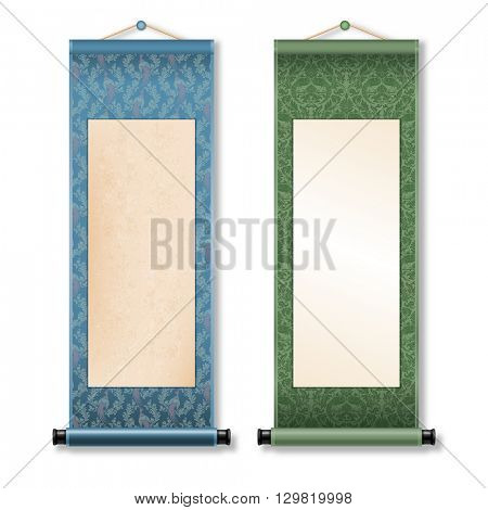 Two deployed ancient hanging scroll Shikishi isolated on white background. Floral patterns with birds on scroll. There is a place for your text, calligraphy or painting. Colored vector illustration.