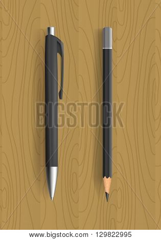 Black pencil and pen on wooden table. Vector illustration. Pensil and pen realistic for idetity design.