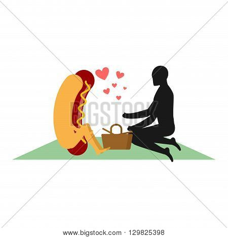 Hot Dog On Picnic. Date In Park. Fast Food And People. Rural Jaunt In Love With Food. Meal In Nature