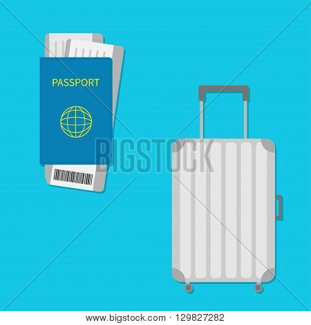 Passport air boarding pass ticket with barcode. Suitcase icon. Travel baggage. Luggage handbag. Summer vacation planning consept. Travelling tourism. Passenger case. Flat Isolated. Blue Vector