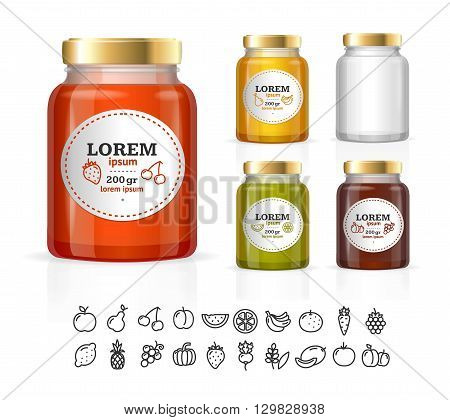 Glass Jars Bottles with Jam, Confiture, Honey. Vector illustration
