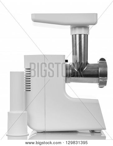Modern electric meat grinder isolated on white background.