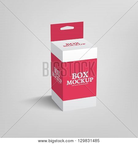 Realistic product package box mock-up with hang slot. Vector mockup template in red color.