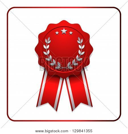 Ribbon award icon. Red badge isolated on white background. Medal design element. Label emblem. Blank certificate winner or prize decoration. Sumbol first victory success win. Vector illustration