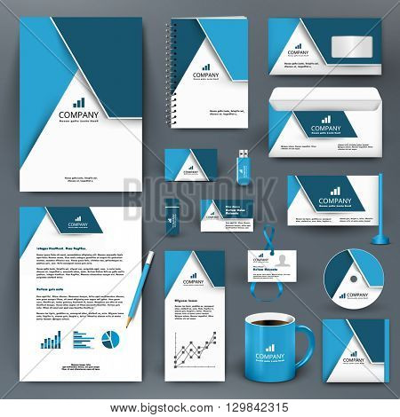 Professional universal branding design kit with triangle. ?orporate identity template, business stationery mock-up for real estate company. Editable vector illustration: folder, mug, etc.